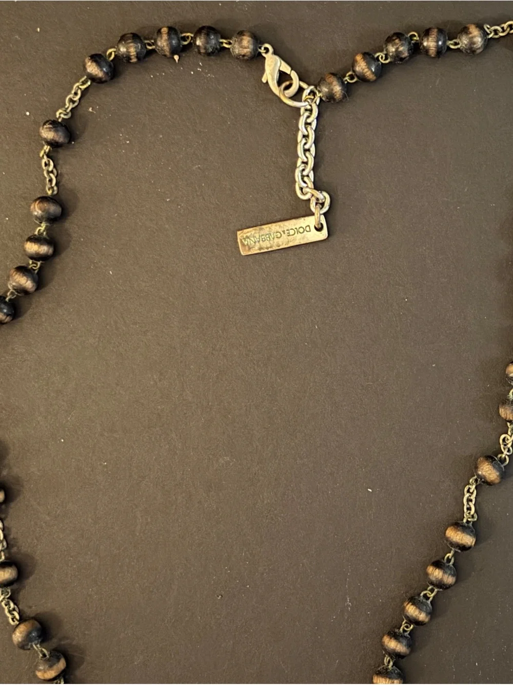 Vintage Dolce & Gabbana Wood Bead Rosary Necklace Crucifix DG Logo Plate Y2K